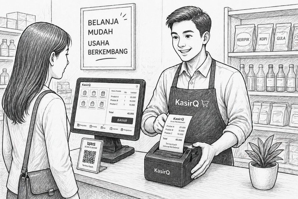 ilustrasi kasir melayani pembeli menggunakan aplikasi kasir android dan printer struk untuk UMKM